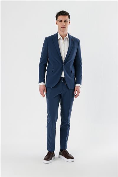 İndigo Mavi Mono Yaka Çift Yırtmaç Likralı 6 Drop Slim Fit Dar Kesim Klasik Takım Elbise 1001240164