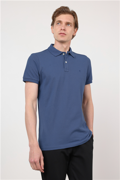 İndigo Mavi Polo Yaka Kısa Kol Cepsiz Slim Fit Pamuklu Tişört 1011260154