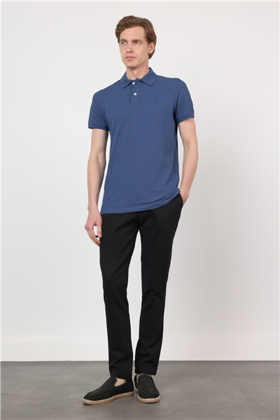 İndigo Mavi Polo Yaka Kısa Kol Cepsiz Slim Fit Pamuklu Tişört 1011260154