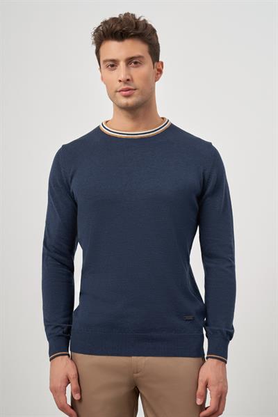 İndigo Mavi Uzun Kol Düz Örme Bisiklet Yaka Classic Slim Fit Triko 1012245108