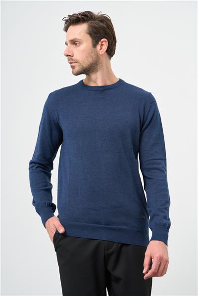 İndigo Mavi Uzun Kol Düz Örme Bisiklet Yaka Classic Comfort Fit Triko 1012245006