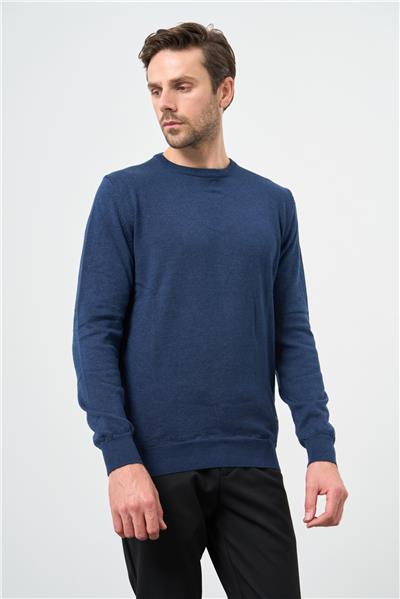 İndigo Mavi Uzun Kol Düz Örme Bisiklet Yaka Classic Comfort Fit Triko 1012245006