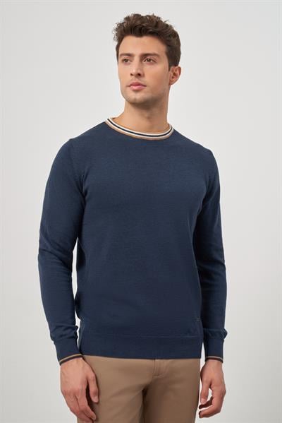 İndigo Mavi Uzun Kol Düz Örme Bisiklet Yaka Classic Slim Fit Triko 1012245108