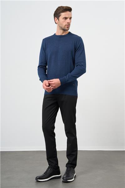 İndigo Mavi Uzun Kol Düz Örme Bisiklet Yaka Classic Comfort Fit Triko 1012245006