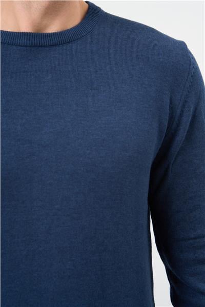 İndigo Mavi Uzun Kol Düz Örme Bisiklet Yaka Classic Comfort Fit Triko 1012245006