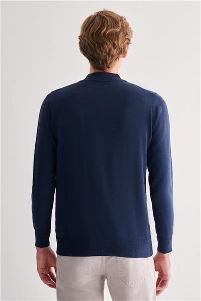 İndigo Mavi Yarım Balıkçı Yaka Cepsiz Comfort Fit Classic Yünlü Triko Kazak 1012255001