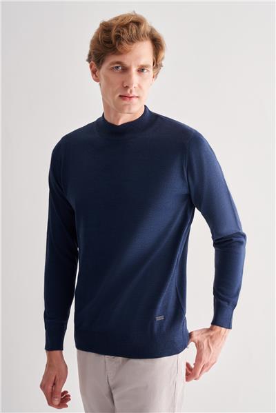 İndigo Mavi Yarım Balıkçı Yaka Cepsiz Comfort Fit Classic Yünlü Triko Kazak 1012255001