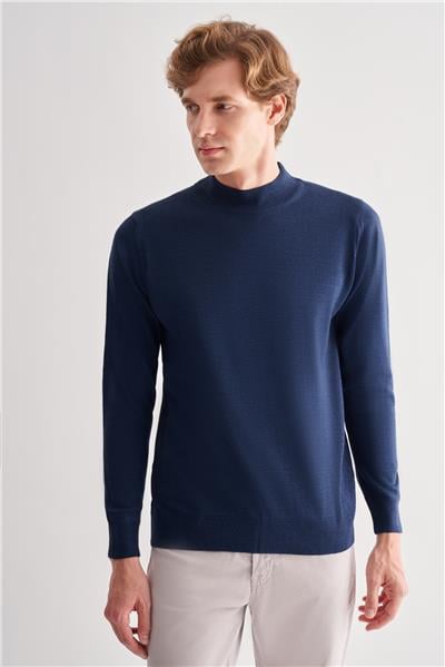 İndigo Mavi Yarım Balıkçı Yaka Cepsiz Comfort Fit Classic Yünlü Triko Kazak 1012255001