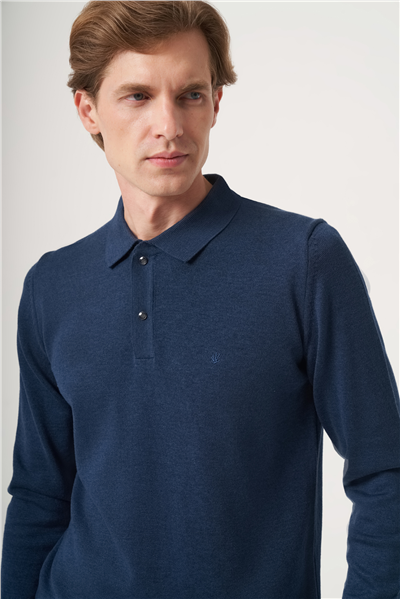 İndigo Polo Yaka Uzun Kol Örme Comfort Fit Pamuklu Kazak 1012265150