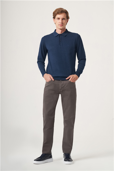 İndigo Polo Yaka Uzun Kol Örme Comfort Fit Pamuklu Kazak 1012265150
