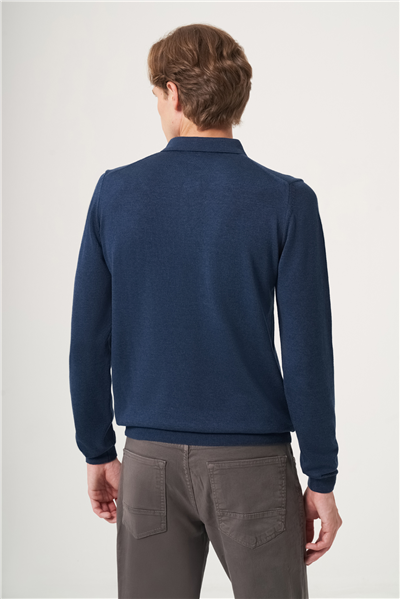 İndigo Polo Yaka Uzun Kol Örme Comfort Fit Pamuklu Kazak 1012265150