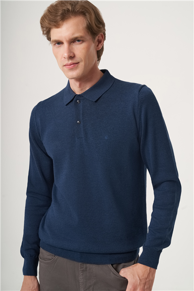 İndigo Polo Yaka Uzun Kol Örme Comfort Fit Pamuklu Kazak 1012265150