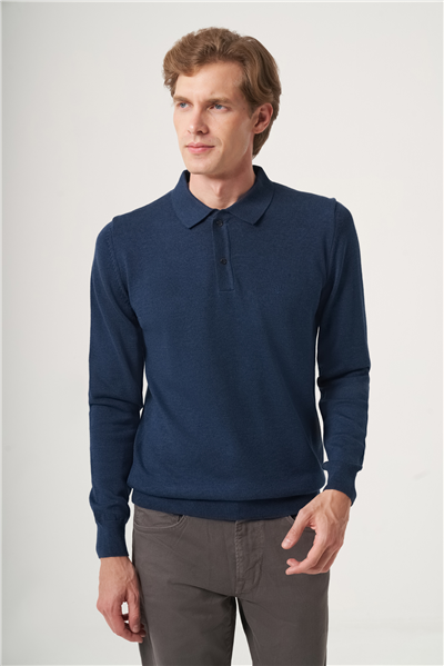 İndigo Polo Yaka Uzun Kol Örme Comfort Fit Pamuklu Kazak 1012265150