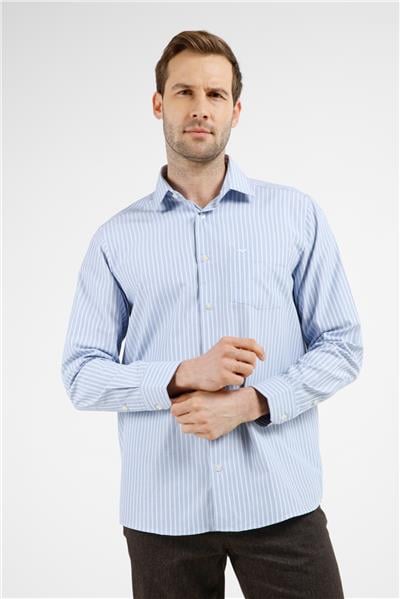 Mavi-Beyaz Çizgili Desen Sert Yaka Uzun Kol Cepli Comfort Fit Pamuklu Gömlek 1004255277