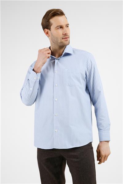 Mavi-Beyaz Çizgili Desen Sert Yaka Uzun Kol Cepli Comfort Fit Pamuklu Gömlek 1004255277