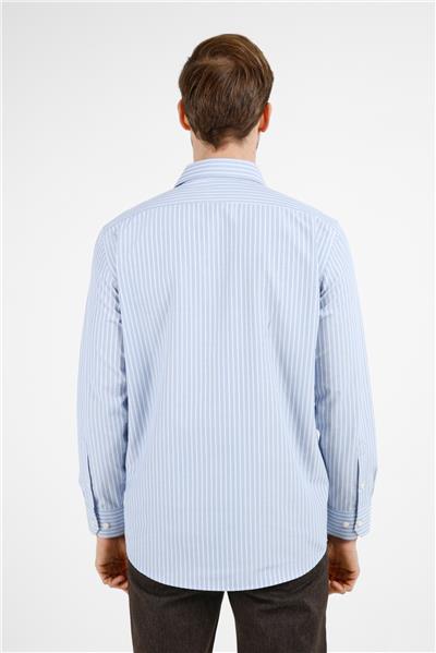 Mavi-Beyaz Çizgili Desen Sert Yaka Uzun Kol Cepli Comfort Fit Pamuklu Gömlek 1004255277