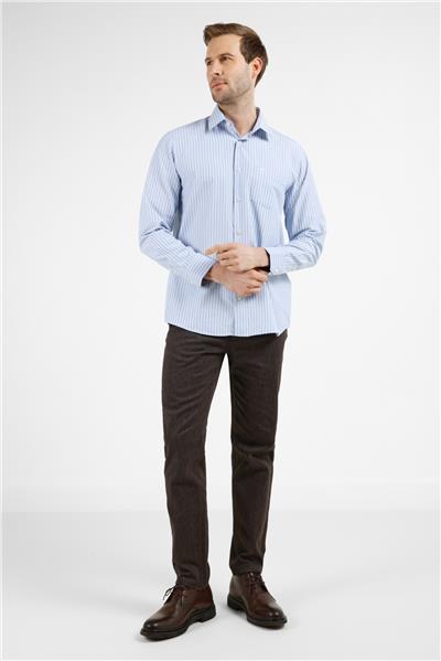 Mavi-Beyaz Çizgili Desen Sert Yaka Uzun Kol Cepli Comfort Fit Pamuklu Gömlek 1004255277