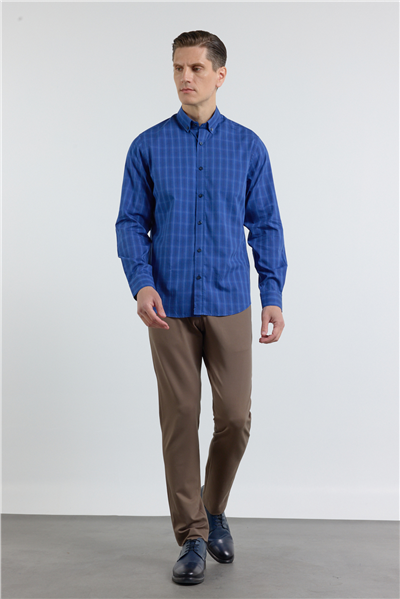 K.Laci-A.Laci Düğmeli Yaka Kareli Desen Uzun Kol Premium Slim Fit %100 Pamuk Gömlek 1004255187