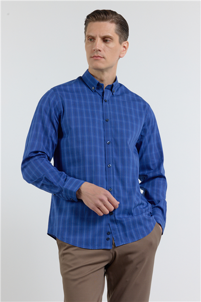 K.Laci-A.Laci Düğmeli Yaka Kareli Desen Uzun Kol Premium Slim Fit %100 Pamuk Gömlek 1004255187