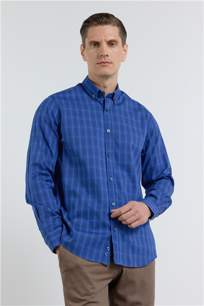 K.Laci-A.Laci Düğmeli Yaka Kareli Desen Uzun Kol Premium Slim Fit %100 Pamuk Gömlek 1004255187