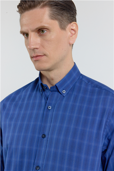 K.Laci-A.Laci Düğmeli Yaka Kareli Desen Uzun Kol Premium Slim Fit %100 Pamuk Gömlek 1004255187