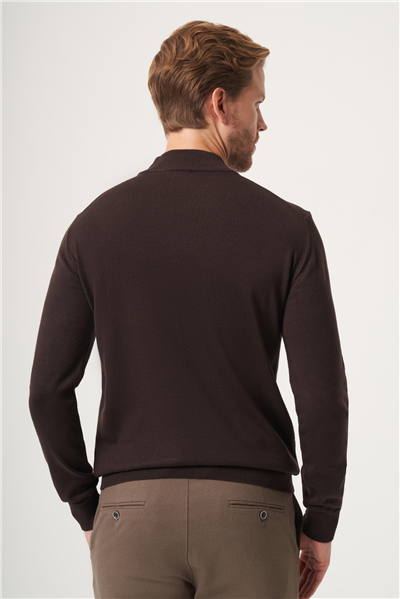 Kahverengi Balıkçı Yaka Uzun Kol Örme Comfort Fit Pamuklu Kazak 1012265001
