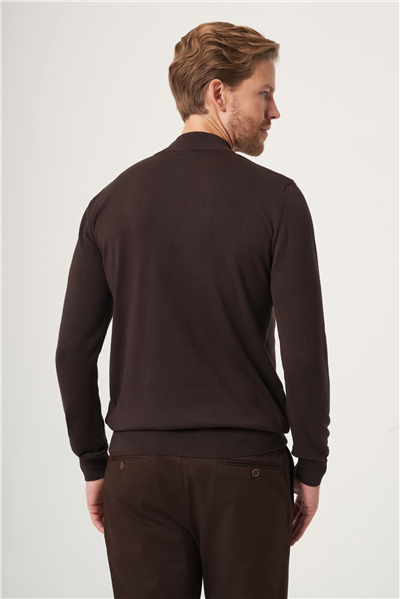 Kahverengi Balıkçı Yaka Uzun Kol Örme Comfort Fit Pamuklu Kazak 1012265155