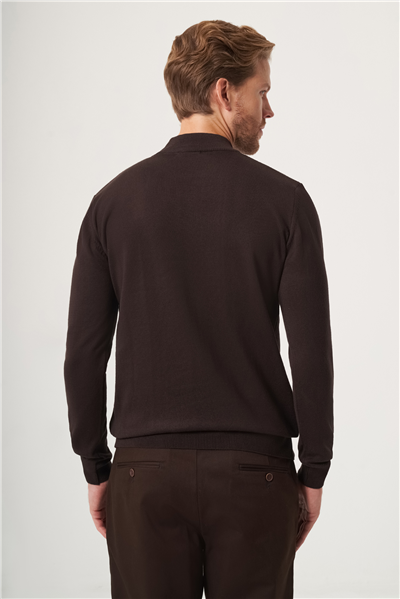 Kahverengi-Bej Balıkçı Yaka Uzun Kol Örme Comfort Fit Pamuklu Kazak 1012265151