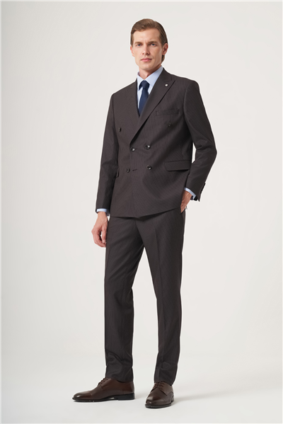 Kahverengi-Bej Kırlangıç Yaka Çizgili Kruvaze 6 Drop Slim Fit Tam Astar Esnek Takım Elbise 1001260284