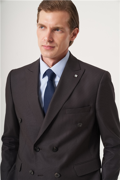 Kahverengi-Bej Kırlangıç Yaka Çizgili Kruvaze 6 Drop Slim Fit Tam Astar Esnek Takım Elbise 1001260284