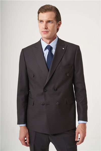 Kahverengi-Bej Kırlangıç Yaka Çizgili Kruvaze 6 Drop Slim Fit Tam Astar Esnek Takım Elbise 1001260284
