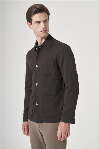 Kahverengi Berberi Yaka Çizgili Desen Gofreli Slim Fit Casual Mont 1007260153