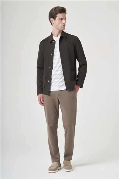Kahverengi Berberi Yaka Çizgili Desen Gofreli Slim Fit Casual Mont 1007260153