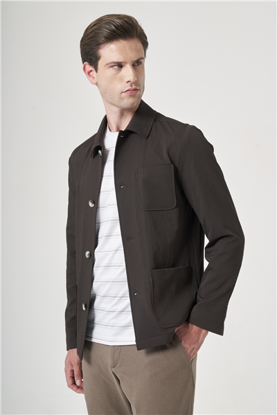 Kahverengi Berberi Yaka Çizgili Desen Gofreli Slim Fit Casual Mont 1007260153