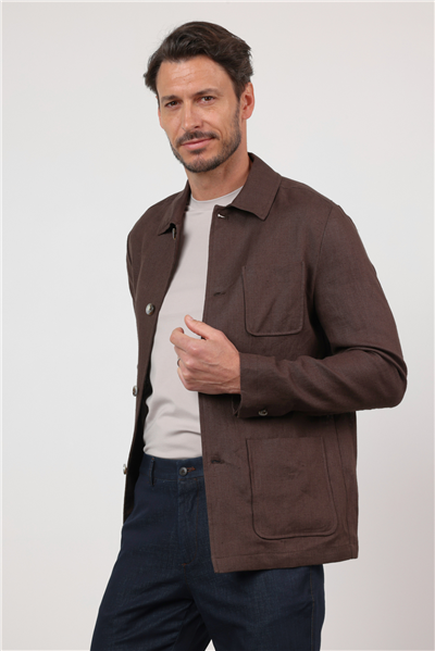 Kahverengi Berberi Yaka Keten Düz Slim Fit Casual Mont 1007260152