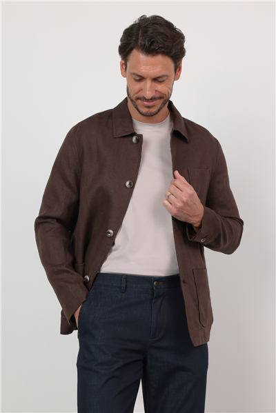 Kahverengi Berberi Yaka Keten Düz Slim Fit Casual Mont 1007260152