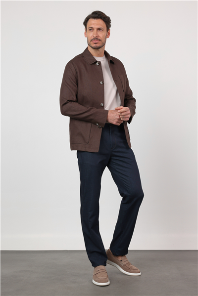 Kahverengi Berberi Yaka Keten Düz Slim Fit Casual Mont 1007260152