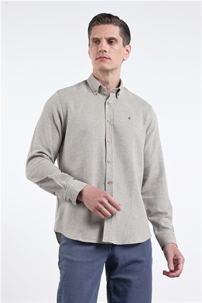 Kahverengi Düğmeli Yaka Uzun Kol Slim Fit Pamuklu Gömlek 1004260164