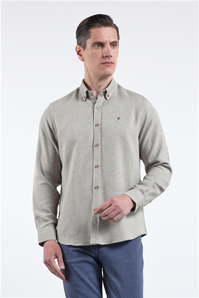 Kahverengi Düğmeli Yaka Uzun Kol Slim Fit Pamuklu Gömlek 1004260164