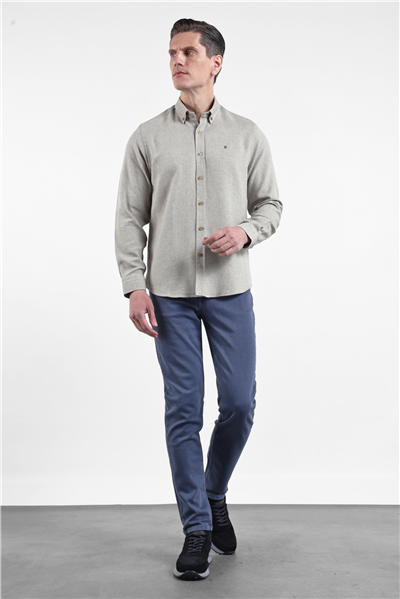 Kahverengi Düğmeli Yaka Uzun Kol Slim Fit Pamuklu Gömlek 1004260164