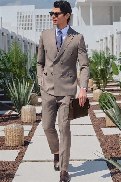 Kahverengi-Beyaz Kırlangıç Yaka Kruvaze 6 Drop Slim Fit Tam Astar Esnek Takım Elbise 1001260171