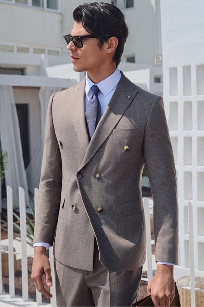 Kahverengi-Beyaz Kırlangıç Yaka Kruvaze 6 Drop Slim Fit Tam Astar Esnek Takım Elbise 1001260171