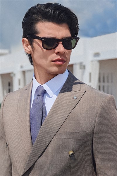 Kahverengi-Beyaz Kırlangıç Yaka Kruvaze 6 Drop Slim Fit Tam Astar Esnek Takım Elbise 1001260171