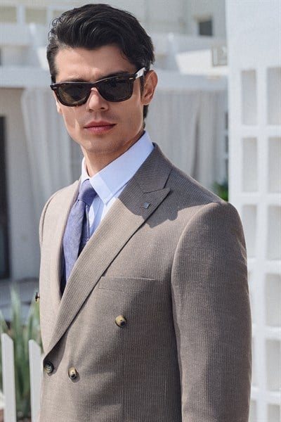 Kahverengi-Beyaz Kırlangıç Yaka Kruvaze 6 Drop Slim Fit Tam Astar Esnek Takım Elbise 1001260171