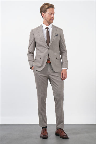 Kahverengi-Beyaz Mono Yaka 6 Drop Slim Fit Tam Astar Esnek Takım Elbise 1001260172