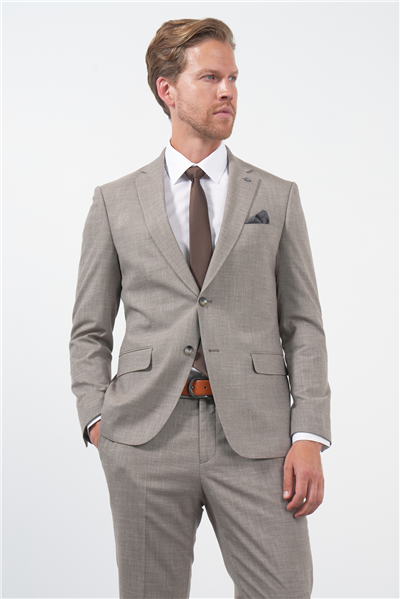 Kahverengi-Beyaz Mono Yaka 6 Drop Slim Fit Tam Astar Esnek Takım Elbise 1001260172