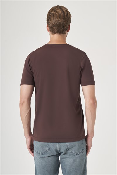 Kahverengi Bisiklet Yaka Kısa Kol Örme Slim Fit Esnek Basic Tişört 1011260184