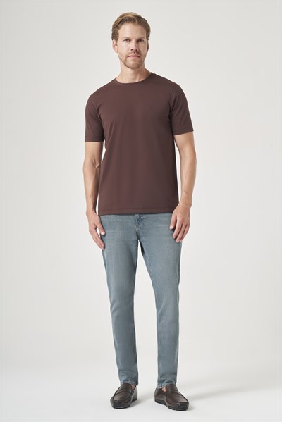 Kahverengi Bisiklet Yaka Kısa Kol Örme Slim Fit Esnek Basic Tişört 1011260184