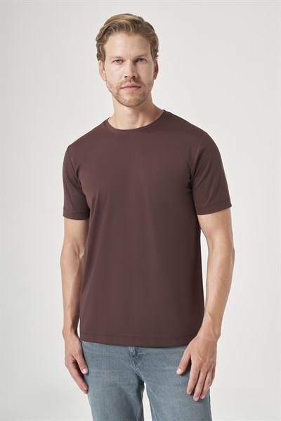 Kahverengi Bisiklet Yaka Kısa Kol Örme Slim Fit Esnek Basic Tişört 1011260184