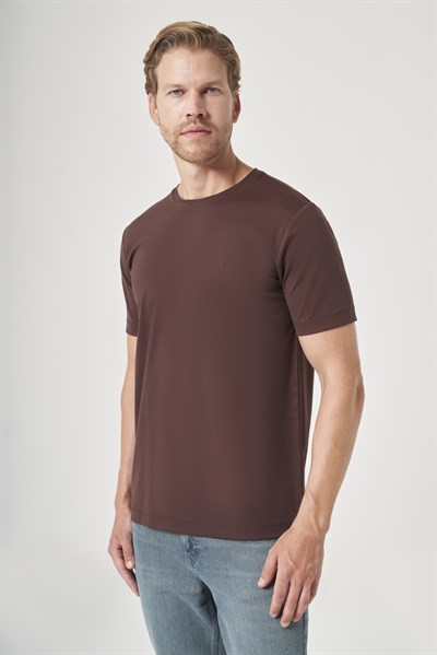 Kahverengi Bisiklet Yaka Kısa Kol Örme Slim Fit Esnek Basic Tişört 1011260184